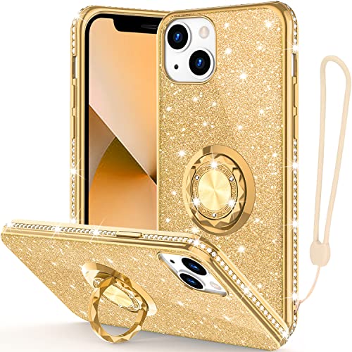 Phone Case for iPhone 13, Glitter Protective Case w/ 360 Degree Ring Stand