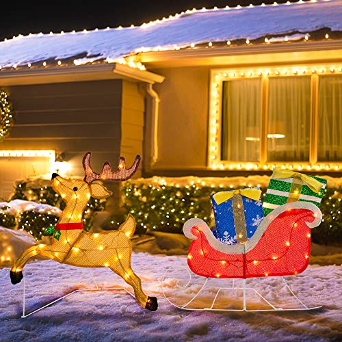 Lighted 2D Santa Sleigh Reindeer w/ Warm White Lights Christmas Decoration