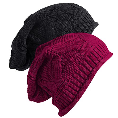 2 Pack Slouchy Beanie Winter Knit Soft Hat for Women/Men