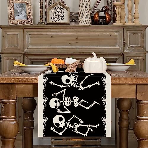 Halloween Table Runner Skeleton Dancing Funny Black Linen Seasonal Halloween