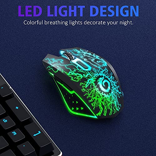 Wireless Gaming Mouse, Rechargeable w/ Colorful LED Lights, Silent Click, 2.4G USB Nano Receiver