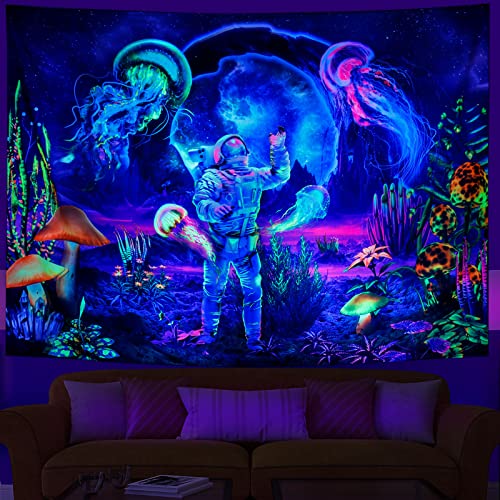 Extra Large Blacklight Astronaut Jellyfish Tapestry