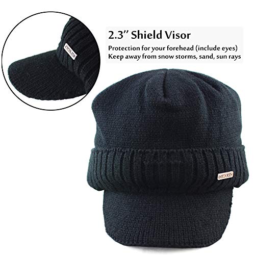 Mens Winter Beanie Visor w/ Earfaps & Fleece Hat Scarf Set