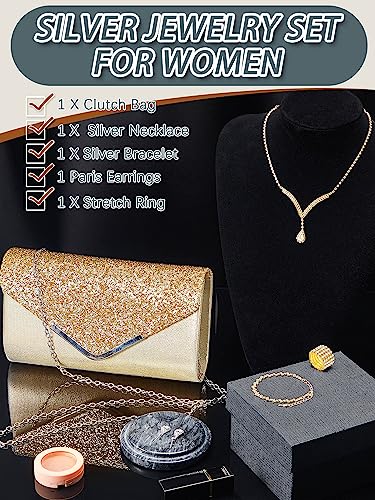 5 Pcs Purse Rhinestone Jewelry Set Rhinestone Clutch Purse Wedding Bride Prom Jewelry Necklace Earrings