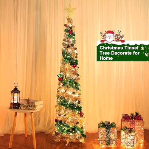Dual Color Change Lights & Timer - 5 Ft Tinsel Christmas Tree Ball Ornaments Star Pop up Christmas Tree Battery