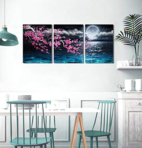 Framed 3 Pieces Plum Blossom Moon Ocean Wall Canvas Art  Size 12x16 Each Panel