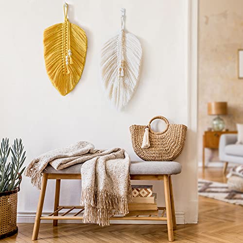 Cotton Macrame Feather Leaf w/  Wooden Beads Wall Decoration