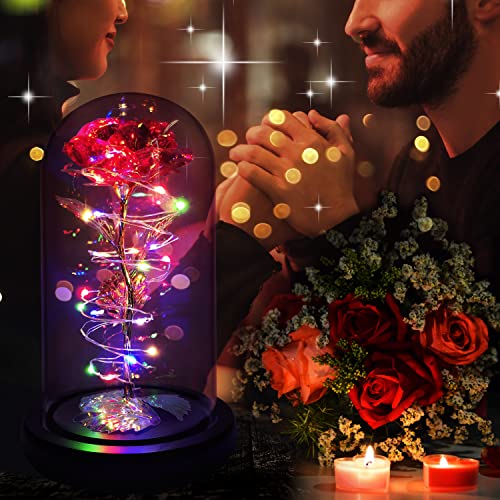 Rotating Romantic Roses Light Up Rose in Glass Dome, Spinning Colorful Artificial Rose Flower Gifts for Her