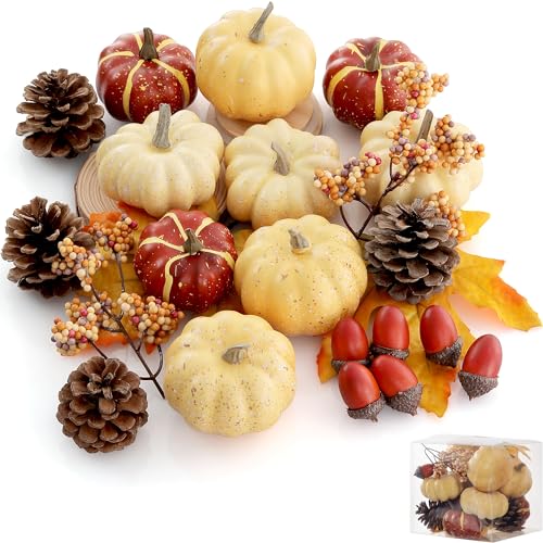 Pumpkin Decor Set, 23 PCS Fall Harvest Decorations Including Mini Pumpkins, Acorns, Pinecones, Berries, Maple Leaves