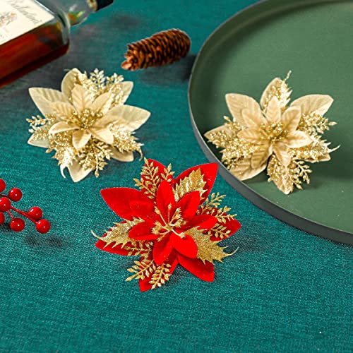 24pcs Poinsettia Artificial Christmas Flowers Decorations w/ Clips & Stem