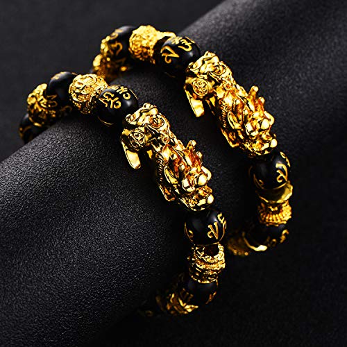 2 Pieces 12 mm Feng Shui Bead Bracelet with Hand Carved Black Amulet