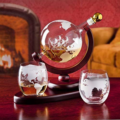 Whiskey Decanter Globe Set w/ 2 Etched Globe Whisky Glasses  - 850ml