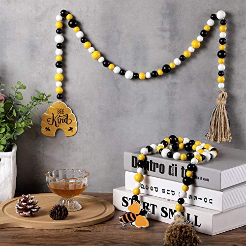 2 Pcs Bee Wood Bead Garland w/ Tassels Rustic Farmhouse Home Decorations