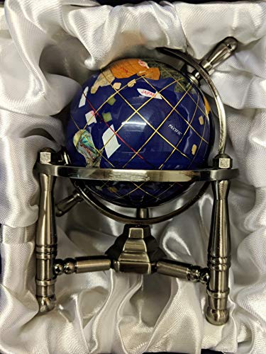 6" Blue Lapis Ocean Mini Table Top Gemstone World Globe w/ Silver Tripod