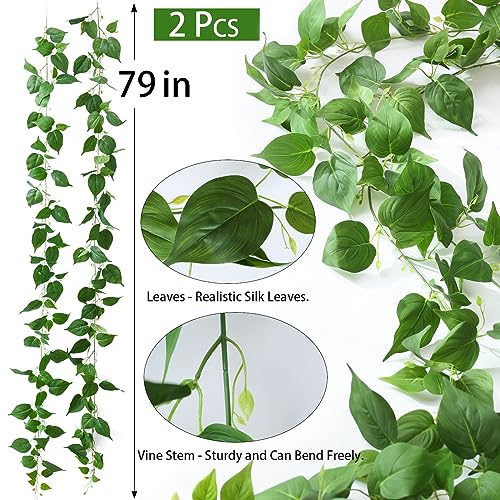 2 Strands Artificial Vines Scindapsus Garland 6FT Real Touch Fake Vine with Silk Green Leaves Faux Hanging Plants