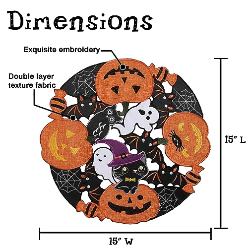 Embroidered Black Round Placemats 15 Inches, Thanksgiving Fall Pumpkins Table Decorations