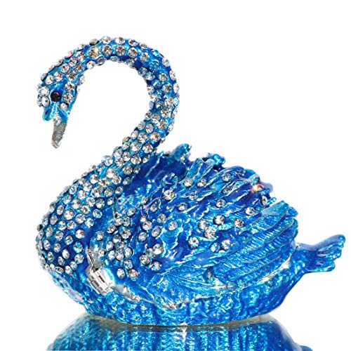 Blue Diamond Swan Trinket Box Hinged Hand-painted Figurine Collectible Ring Holder