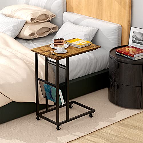 Couch Side Table - Industrial End Table C Shaped with Side Pocket