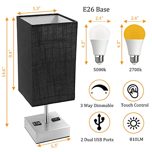 Touch Control Bedside Lamp, USB w/ 4 Bulbs,3 Way Dimmable w/ 2 USB Ports & AC Outlet