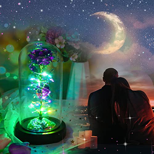 Rotating Romantic Roses Light Up Rose in Glass Dome, Spinning Colorful Artificial Rose Flower Gifts for Her