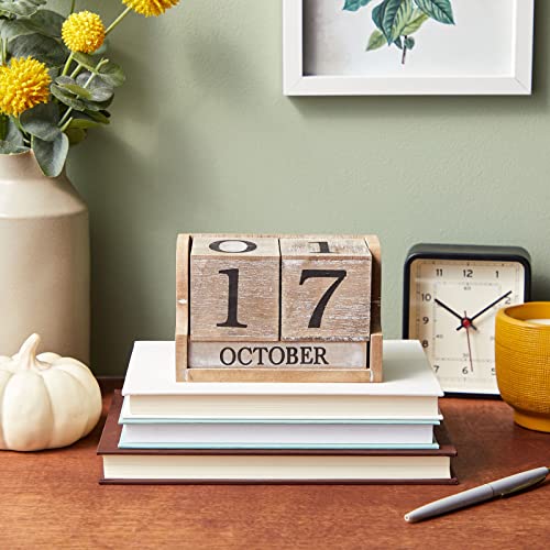 Wooden Perpetual Date Desk Calendar Blocks  Farmhouse Office Decoration (5 x 4 In)