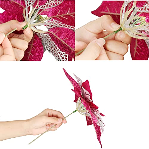 12Pcs Poinsettia Flowers Glitter Christmas Ornaments