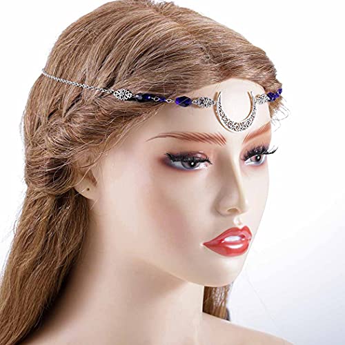 Boho Crescent Moon Head Chains Vintage Headpieces w/ Crystal Hair Chain