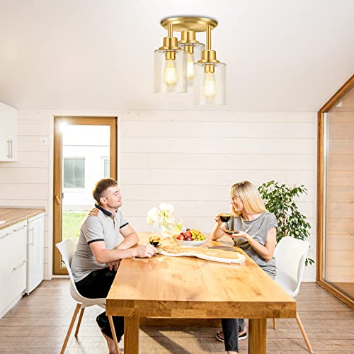 Semi Flush Mount Ceiling 3-Light Fixtures, w/ Clear Seeded Glass Shade