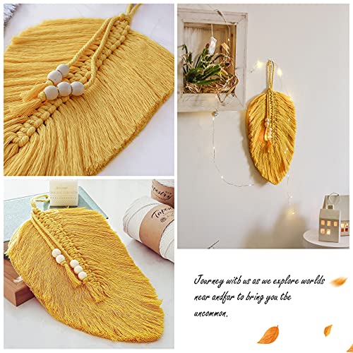 Cotton Macrame Feather Leaf w/  Wooden Beads Wall Decoration