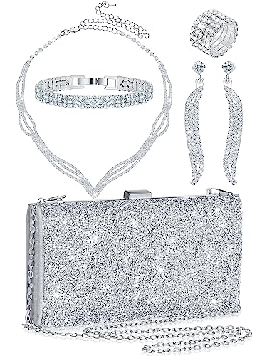 5 Pcs Purse Rhinestone Jewelry Set Rhinestone Clutch Purse Wedding Bride Prom Jewelry Necklace Earrings