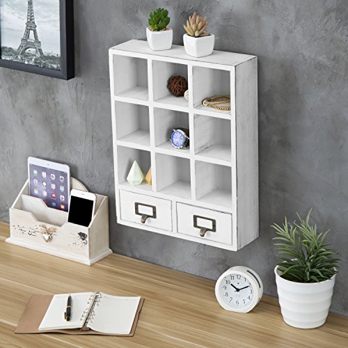 Wall-Mounted Wood Shadow Box Shelf w/ 2 Pull Out Drawers