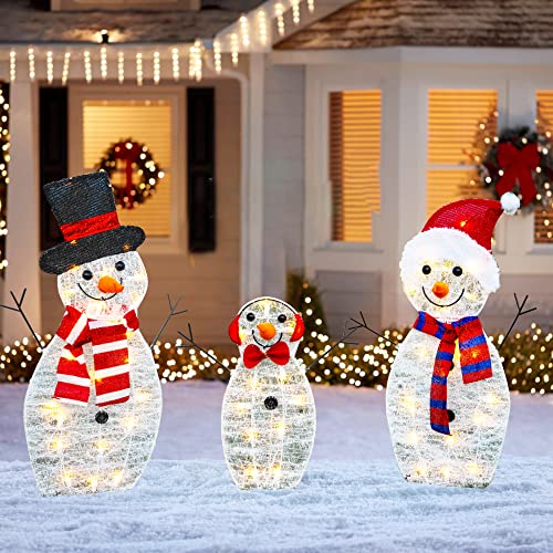 Christmas Decoration 55 L Lighted Snowman Family Outdoor, 3-Piece Waterproof Plug in 2D Snowman for Yard