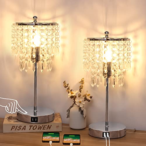 Crystal Lamp for Bedroom Set of 2, 3-Way Dimmable Touch Control w/  2 USB Charging Ports ED Bulb Included