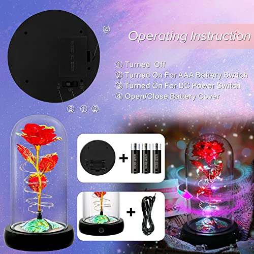 Rotating Romantic Roses Light Up Rose in Glass Dome, Spinning Colorful Artificial Rose Flower Gifts for Her