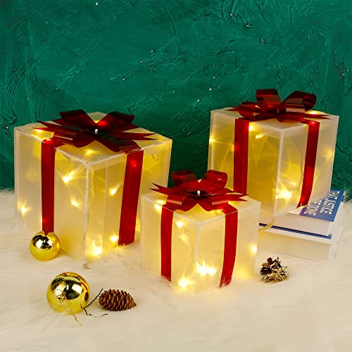 Twinkle Star Set of 3 Christmas Lighted Pop Up Gift Boxes Decorations, Tinsel Present Box, Pre-lit 60 LED Light