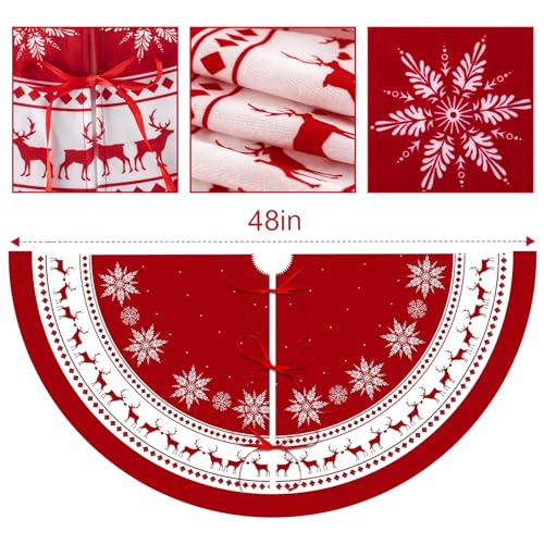 Christmas Tree Skirt Large 48 Inches Christmas Tree Skirt Red Reindeer Snowflakes Xmas Tree Skirts for Winter