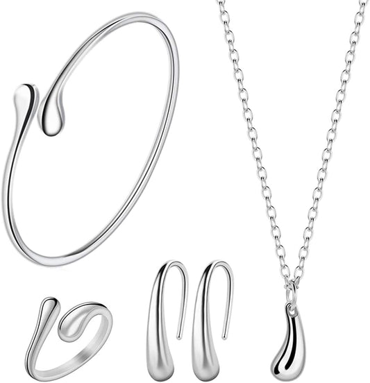 4PCS 925 Sterling Silver Jewelry Set Teardrop Pendant Necklace Earrings Bracelet Ring