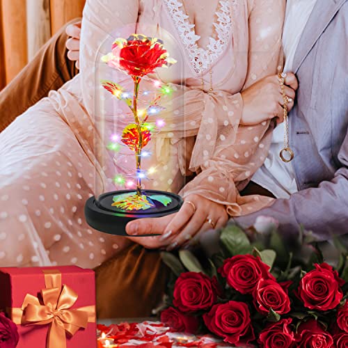 Rotating Romantic Roses Light Up Rose in Glass Dome, Spinning Colorful Artificial Rose Flower Gifts for Her