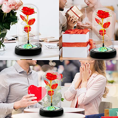 Rotating Romantic Roses Light Up Rose in Glass Dome, Spinning Colorful Artificial Rose Flower Gifts for Her