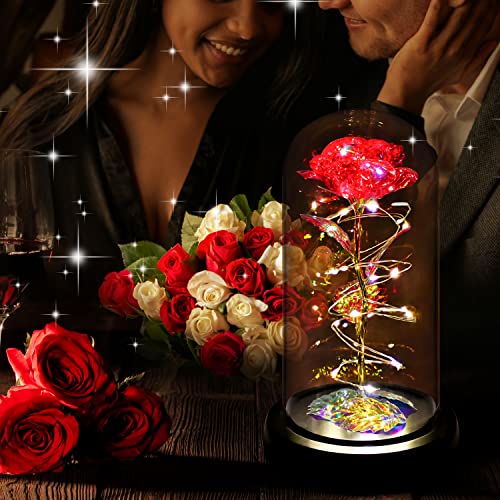 Rotating Romantic Roses Light Up Rose in Glass Dome, Spinning Colorful Artificial Rose Flower Gifts for Her