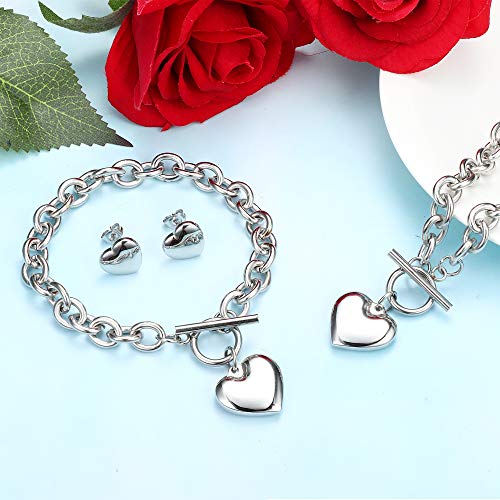 3Sets Heart Pendant Necklace Toggle Chain Heart Bracelet Heart Stud Earrings for Women