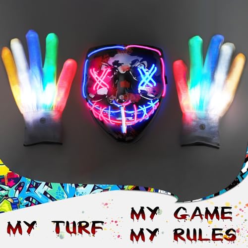 Halloween Mask Skeleton Gloves Set, 3 Modes Light Up Scary LED Mask with LED Glow Gloosture