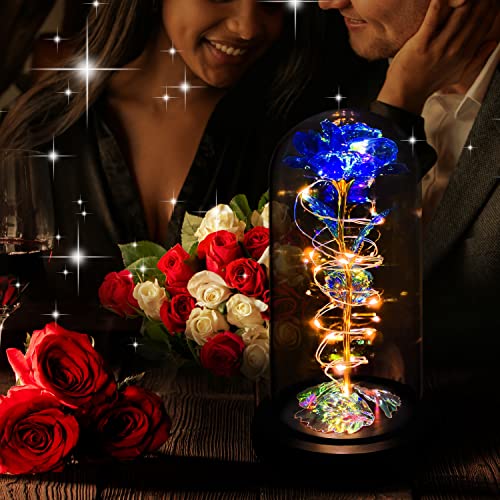 Rotating Romantic Roses Light Up Rose in Glass Dome, Spinning Colorful Artificial Rose Flower Gifts for Her