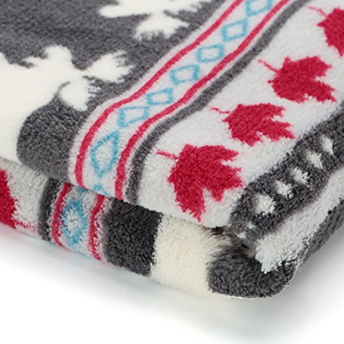 Coral Fleece Xmas Moose Maple Leaf Pattern Grey Background Soft Lightweight Throw Blanket 250GSM 50 x 60