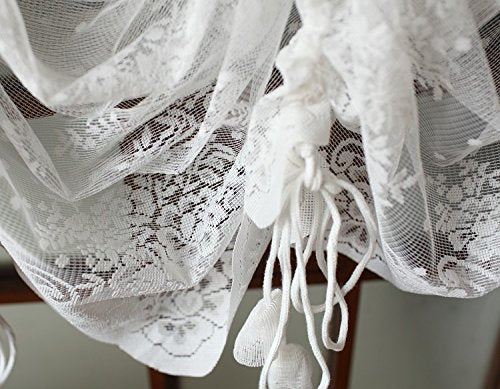 Lace Balloon Curtain White Adjustable Tie-Up Curtain Shade, Embroidered Semi Sheer 1 Panel