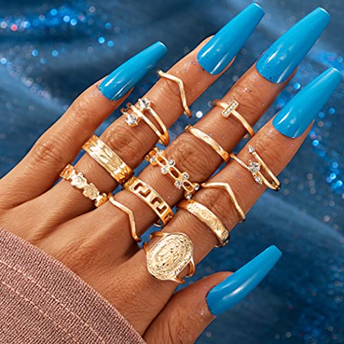 Vintage Ring Set Carved Knuckle Crystal Rings Set Gold Stackable Midi Rings Finger Jewelry for Women