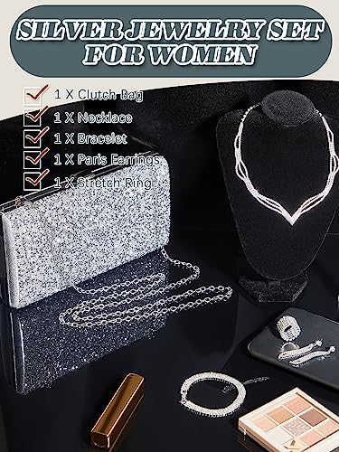 5 Pcs Purse Rhinestone Jewelry Set Rhinestone Clutch Purse Wedding Bride Prom Jewelry Necklace Earrings