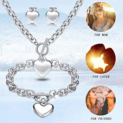 3Sets Heart Pendant Necklace Toggle Chain Heart Bracelet Heart Stud Earrings for Women