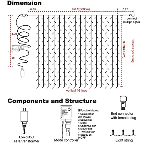 304 LED Curtain String Lights, 9.8 x 9.8 ft, 8 Modes Plug in w/ Remote