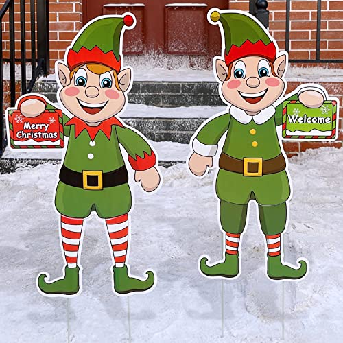 [ Extra Large ] 2 Pack Elf Christmas Yard Signs with Stakes